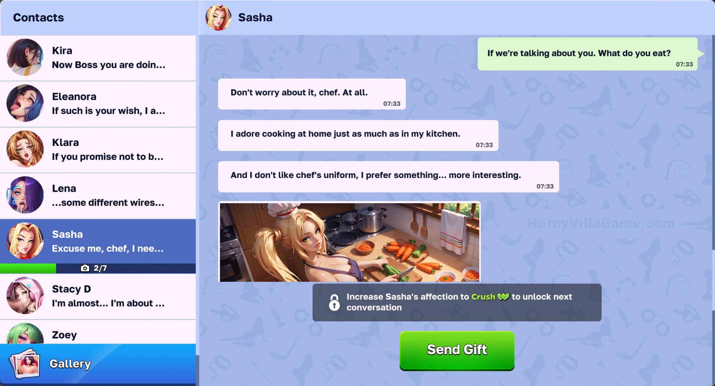 In-game chat interface with Sasha